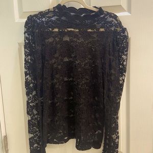 Plus size long sleeve black lace shirt